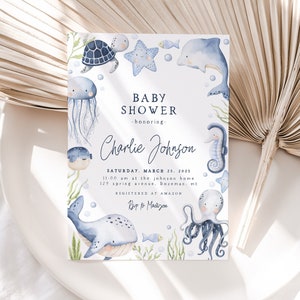 Plantilla de invitación para baby shower bajo el mar / Invitación editable para baby shower náutico / Baby shower oceánico S452