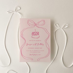 Bow 1st Birthday Invitation Template | Editable Coquette Pink Girly Bow First Birthday Party Invite DIY S681