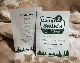 Camp Bachelorette Party Invitation Template | Last Trail Before the Veil National Park Bach Party Invite & Itinerary S634