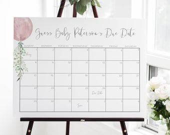 Guess Baby&#39;s Due Date Calendar Baby Shower Sign | Girl Baby Shower Game | Editable Template  | S110
