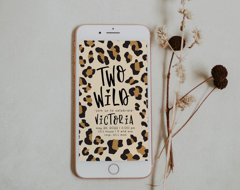 Two Wild Girl Birthday Invitation Text Leopard 2nd Bday Paperless einvite Editable Template Safari Animal Print 2nd Bday