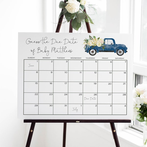 Guess Baby's Due Date Calendar Template | Floral Blue Truck Boy Baby Shower Game Sign Editable Template S111