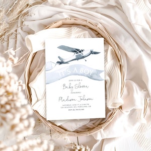 Editable Airplane Baby Shower Invitation Template | Precious Cargo Invite | Up Up and Away Aviator Boy Baby Sprinkle S204
