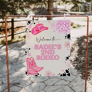 2nd Rodeo Birthday Welcome Sign | Editable Disco Cowgirl Second Birthday Party Welcome Decor | Ain't my 1st Rodeo Sign Template S536