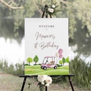 Golf 1st Birthday Welcome Sign Template | Pink Hole in ONE Girl First Birthday Party Welcome Decor | Golfing Editable Sign S467