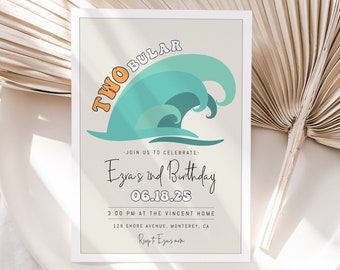 Editable Surf 2nd Birthday Invitation for Boy Template | TWO-bular Modern Surf Boy Second Bday Two Rad Invite Surfing S427