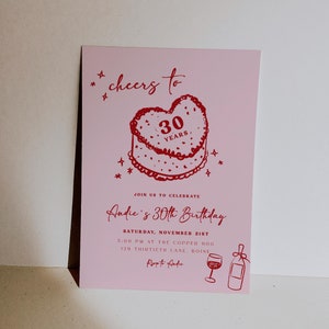 Modèle d'invitation de 30e anniversaire | Invitation à une fête d'anniversaire illustrée modifiable pour 30 ans | Invitation d'anniversaire coquette rose S651