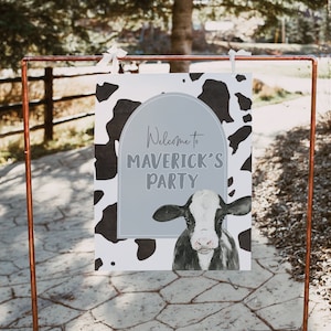 Cow Birthday Welcome Sign Template  | Holy Cow I&#39;m One First Birthday Party Welcome Decor | Moo Moo I&#39;m Two Boy Editable Sign S414