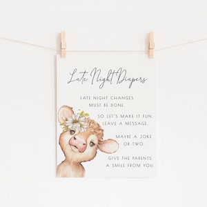 Farm Late Night Diapers Baby Shower Sign | Girl Barnyard Animal Baby Sprinkle Game Editable Template | Cow Leave a Note on Diaper S152 S226