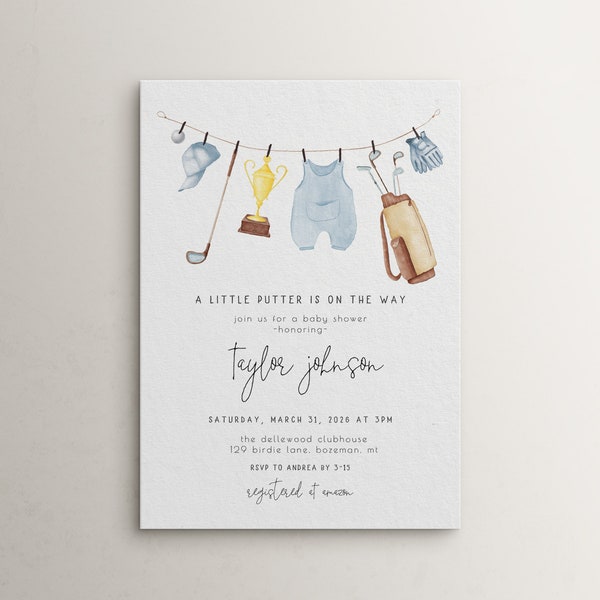 Golf Baby Shower Invitation Template | Editable A Little Putter is on the Way Boy Golf Baby Shower for Dad Let's Par-tee Invite S539