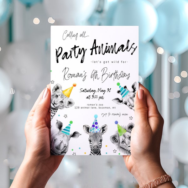 Editable Party Animals Birthday Invitation Template | Calling All Party Animals Printable Invite Boy Birthday Party Invitation S593