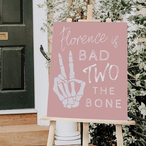 Bad TWO the Bone Welcome Sign Template | Editable Fall 2nd Birthday Party Printable Decor | Pink Halloween Skeleton Peace Sign S367