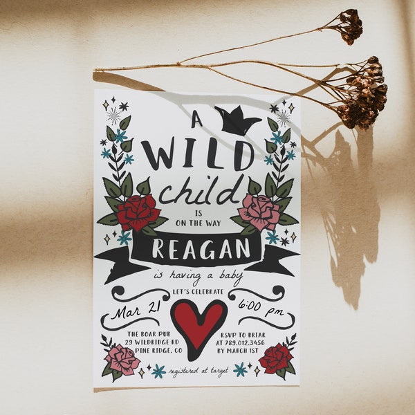 Wild Child Baby Shower Invitation Template | Editable Rock a Bye Couples Baby Sprinkle Invite | Rock n Roll Born to Rock Shower S600