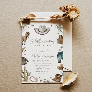 Invitación para baby shower de vaquero / Plantilla editable para invitación imprimible para baby shower de niño del oeste / Un pequeño vaquero está en camino S473