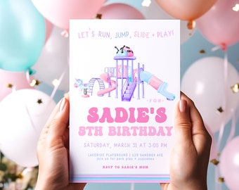 Park Birthday Invitation | Editable Girl Playground Birthday Party Invite Template | Pink Outdoor Bday Invite Run Jump Slide Play S633