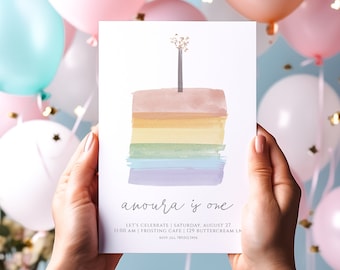 Girl Rainbow 1st Birthday Invitation | Pastel Rainbow Birthday Cake Invitation First Bday Editable Template S214