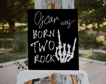 Born TWO Rock Welcome Sign Template | Editable Rock n Roll 2nd Birthday Party Printable Decor | Skeleton Rocker Hand Sign S605