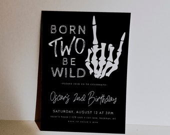 Born Two Be Wild 2nd Birthday Invitation Template | Editable Rock N Roll Second Birthday Invite Skeleton Rock Hand S630