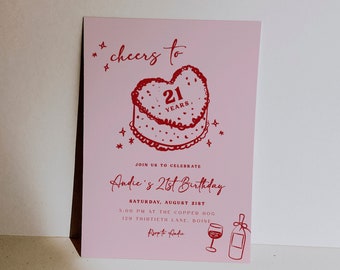 21st Birthday Invitation Template | Editable Cheers to 21 Years Illustrated Birthday Party Invite | Pink and Red Coquette Bday Invite S651