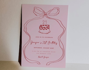 Bow 21st Birthday Invitation Template | Editable Hand Drawn Twenty-first Birthday Party Invite | Pink and Red Coquette Bday Invite S652