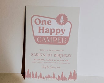 One Happy Camper Birthday Invitation Template | Editable National Park Sign Girl 1st Birthday Invite | Camping First Birthday S382