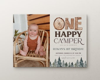 One Happy Camper Birthday Invitation Picture Template | Editable Woodland Rustic Trees 1st Birthday Photo Invite | ONE First Birthday S391