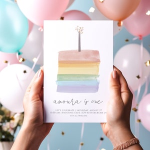 Girl Rainbow 1st Birthday Invitation | Pastel Rainbow Birthday Cake Invitation First Bday Editable Template S214