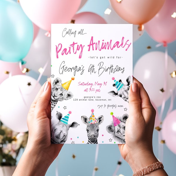 Editable Party Animals Birthday Invitation Template | Calling All Party Animals Printable Invite Girl Birthday Party Invitation S595
