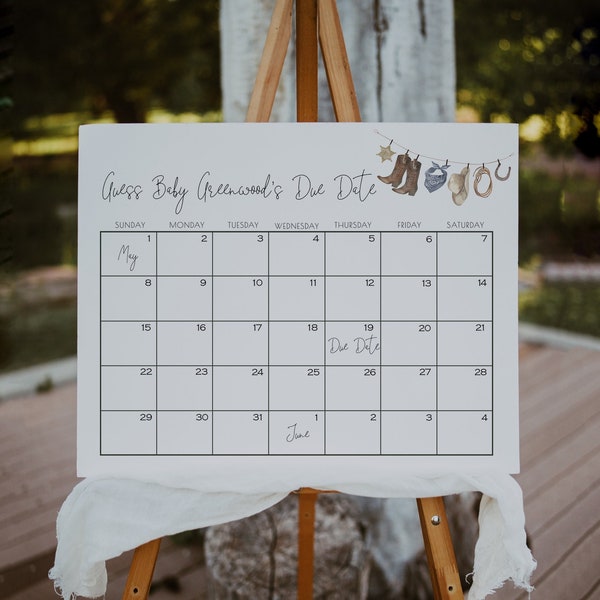 Cowboy Guess Baby's Due Date Calendar Baby Shower Game | Boy Western Baby Sprinkle Editable Template | S227