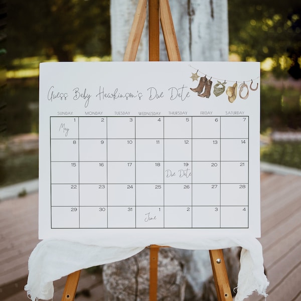 Cowboy Guess Baby's Due Date Calendar Baby Shower Game | Boy Western Baby Sprinkle Editable Template S262