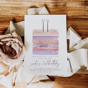 Girl 2nd Birthday Invitation | Have Your Cake and Eat it Two Pink Birthday Cake Invitation | Second Bday Editable Template S561