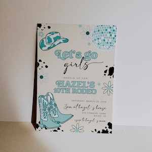 Editable Let&#39;s Go Girls Birthday Invitation Template | Teal Cowgirl Birthday Party | Green Disco Rodeo Western Invite S548