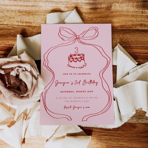 Bow 3rd Birthday Invitation Template | Editable Hand Drawn Coquette Pink and Red Girly Bow Third Birthday Party Invite S652