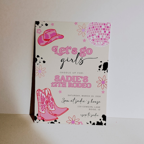 Plantilla editable de invitación de cumpleaños de Let's Go Girls / Fiesta de cumpleaños de vaquera rosa / Disco Rodeo Western Invitación S536