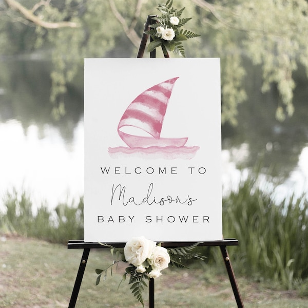 Girl Nautical Baby Shower Welcome Sign | Pink Sailboat Shower Welcome Decor Editable Template| S140