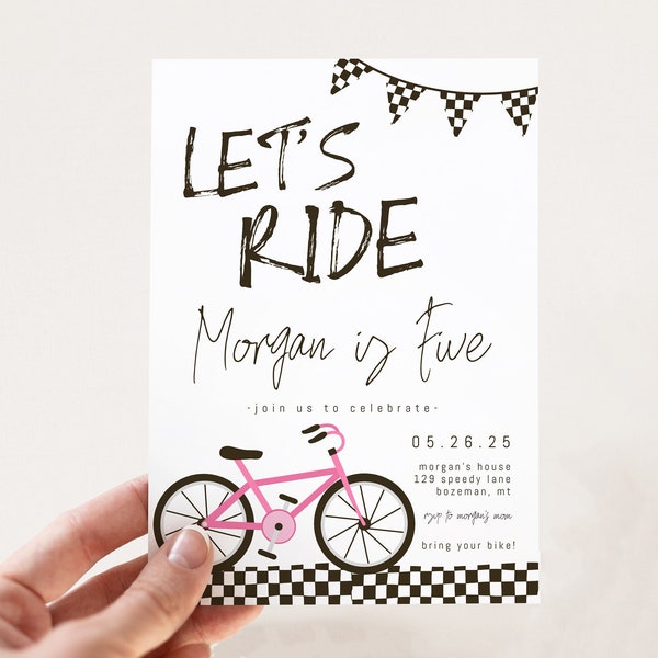 Bicycle Birthday Invitation Template for Girl | Editable Pink Bike Let's Ride Birthday Invite | Race on Over Bike 5th Bday Invite S484