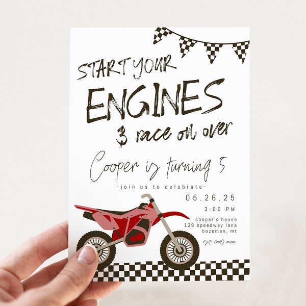 Red Dirt Bike 5th Birthday Invitation Template | Editable Start Your Engines & Race on Over Birthday Invite | Dirt Bike Fifth Bday S493