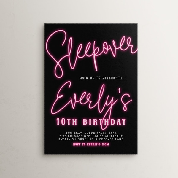 Sleepover Birthday Party Invitation Template | Editable Pink Neon Lights Slumber Party Bday Printable Invite S544