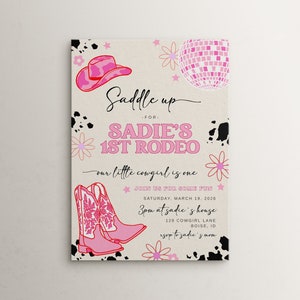 Girl 1st Rodeo Birthday Invitation Template Editable Our Little Cowgirl is One Disco Cowgirl Disco Western First Birthday Invite S536 image 1