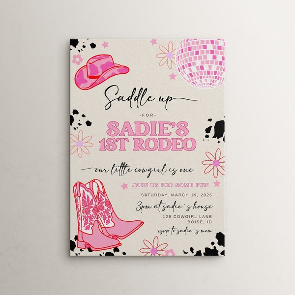 Girl 1st Rodeo Birthday Invitation Template | Editable Our Little Cowgirl is One Disco Cowgirl Disco Western First Birthday Invite S536
