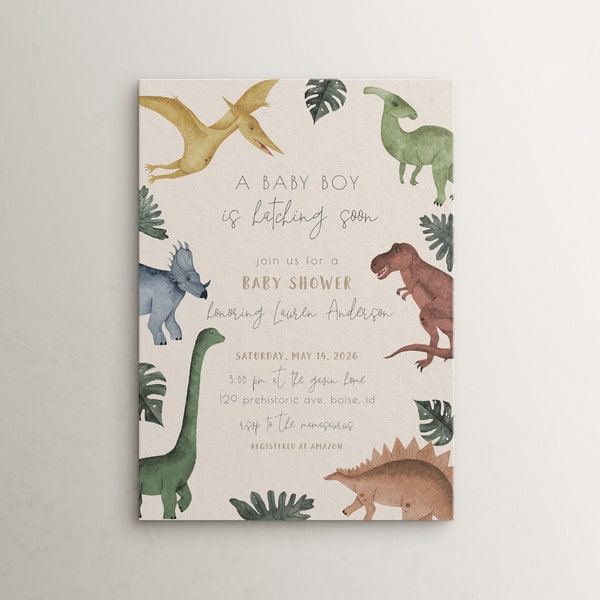 Dinosaur Baby Shower Invitation Editable Template | A Baby Boy is Hatching Soon Muted Dino Baby Sprinkle Invite S230