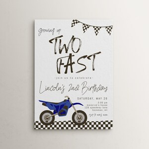 Modèle modifiable d'invitation d'anniversaire de moto tout-terrain | 2e anniversaire de course de vélo rapide TWO | Invitation pour l'anniversaire de grand enfant S534