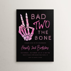 Bad Two the Bone 2nd Birthday Invitation Template | Girl Second Birthday Editable Invite Skeleton Peace Hand | Pink Bad 2 the Bone S609
