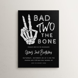 Bad Two the Bone 2nd Birthday Invitation Template | Fall Halloween Second Birthday Editable Invite Skeleton Peace Hand S366