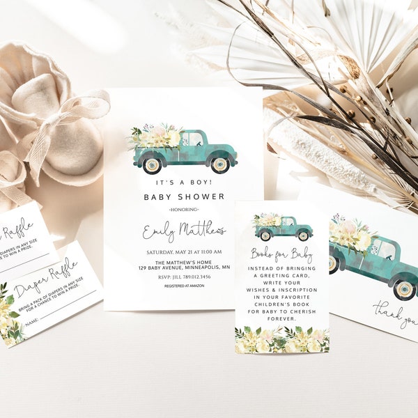 Green Truck Baby Shower Bundle Editable Templates | Floral Teal Truck Farm Baby Shower Package for Boy S105