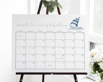 Guess Baby&#39;s Due Date Calendar Nautical Baby Shower | Boy Sailboat Baby Shower Game Sign | Editable Template  | S108