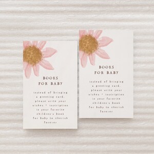 Wildblumen Bücher für Baby Vorlage Einfügen | Rosa Baby in Blüte Bringen Sie eine Buch-Mädchen-Babyparty-bearbeitbare druckbare Karte S447