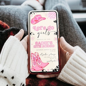 Editable Let's Go Girls Birthday Text Invitation for Girl Template | Pink Cowgirl Birthday Party | Disco Rodeo Western Invite S536