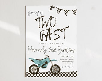 Dirt Bike Birthday Invitation Template | TWO Fast Editable Bike Racing 2nd Birthday Invite | Growing Up Two Fast Second Bday Invite S479