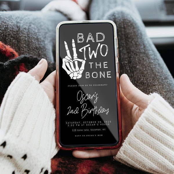 Bad Two the Bone 2nd Birthday Invitation Text Template | Editable Fall Halloween Second Birthday E-Invite Skeleton Peace Hand S366